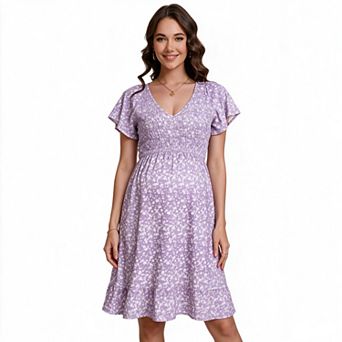 Women's Floral V Neck Flutter Short Sleeve Smocked Waist Ruffle Hem Maternity Mini Dress