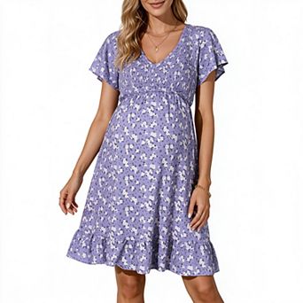 Women's Floral V Neck Flutter Short Sleeve Smocked Waist Ruffle Hem Maternity Mini Dress