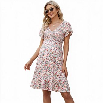 Women's Floral V Neck Flutter Short Sleeve Smocked Waist Ruffle Hem Maternity Mini Dress