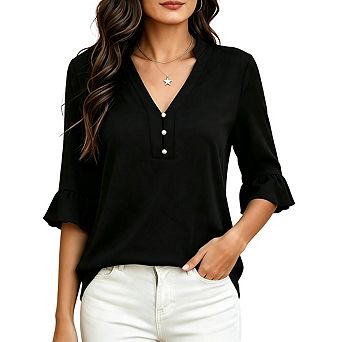 Women Split Stand Collar 3/4 Sleeve Blouse Partial Pearl Button V Neck Loose Casual Tunic Top