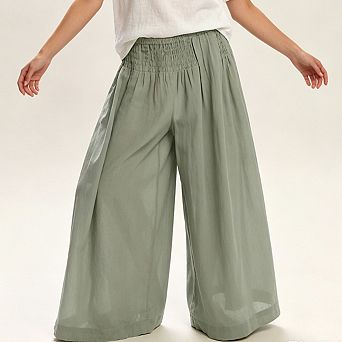 Women Smocked Elastic High Waist Wide Leg Pants Textured Woven Loose Fit Side Pocket Casual Trousers