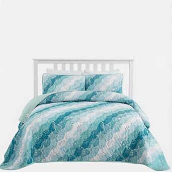Quilt Set Twin Size, Seawave Seashell Starfish Lightweight Bedspread Coverlet Bed Set All Season