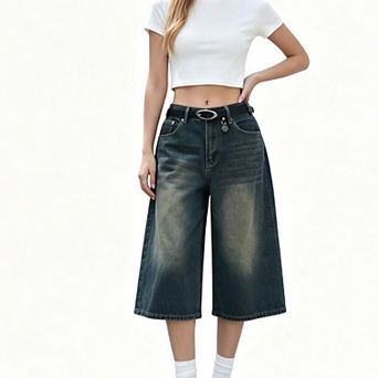 Women's Vintage Wash Wide Leg Cropped Jeans, Loose High Waist Classic Five Pocket Calf Length Denim