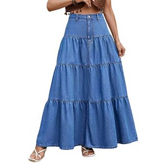 Women Denim High Waisted a Line Casual Jean Maxi Button Down Tiered Swing Jean Skirts with Pockets