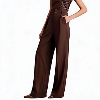 Women Pants High Waist Pleated Front Straight Wide Leg Tailored Office Dress Trousers