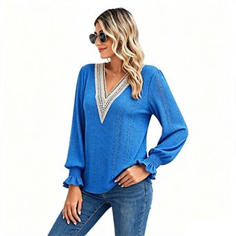 Women Top V Neck Hollow Eyelet Lace Wrap Long Sleeve Smocked Cuff Casual Blouse