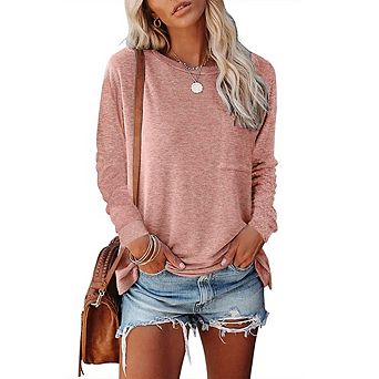 Women's Lightweight Crew Neck Long Sleeve Tops Side Split Hem Casual Shirts