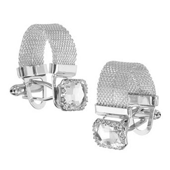 Men's Cufflinks with Chain, Square Crystal Stone and Shiny Chain Cuff Links w Box for Business Party