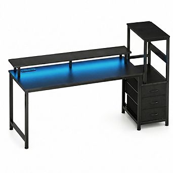 52" Gaming Table w/ Drawers + 3 Fabric Drawers, USB, LED Lights - Computer Desk