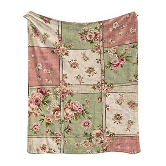Flannel Blanket, Pink Rose Patchwork Floral Country Style Decor