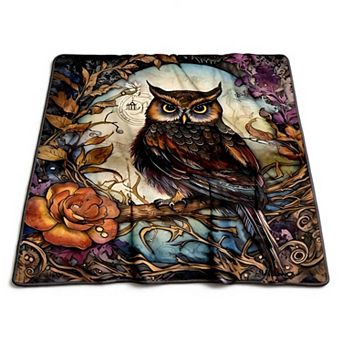 Flannel Blanket, Vintage Owl Moon Gothic Floral Art Home Decor