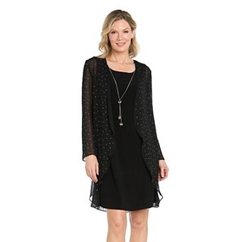 Petite R&M Richards Studded Chiffon Flyaway Jacket Dress & Necklace