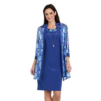 Petite R&M Richards 3 pc Floral Foil Mesh Swing Jacket, Dress, & Necklace Set