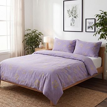 3 pc Lavender Botanical Duvet Cover Set with 2 Pillowcases Metallic Leaf Print Bedding