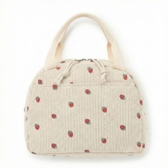 Women's Insulated Lunch Tote Bag with Foil Lining Strawberry Print Corduroy and Top Handle