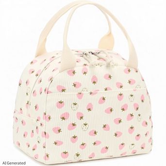 Women's Insulated Lunch Tote Bag with Foil Lining Strawberry Print Corduroy and Top Handle
