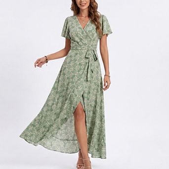 Women's Floral Print Wrap Maxi Dress with V Neck Short Flutter Sleeves Tie Waist and Front Slit