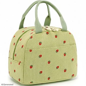 Strawberry Print Corduroy Insulated Lunch Bag with Handles and Zip Closure