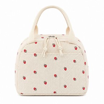 Strawberry Print Corduroy Insulated Lunch Bag with Handles and Zip Closure