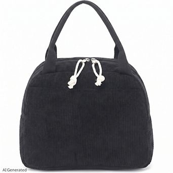 Strawberry Print Corduroy Insulated Lunch Bag with Handles and Zip Closure