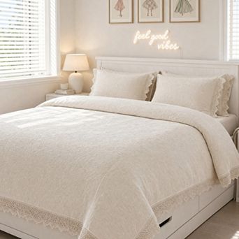 4 pc Embossed Floral Bedding Set with Lace Trim Duvet Cover Flat Sheet and 2 Pillowcases