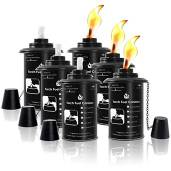 6 Pack 12 oz Outdoor Torch Canisters Refillable Metal with Fiberglass Wicks and Covers