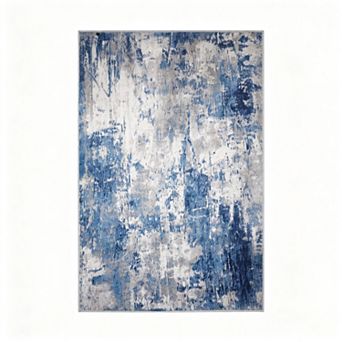 5x7 Ft Blue Grey Printed Rug Washable Non Slip for Home