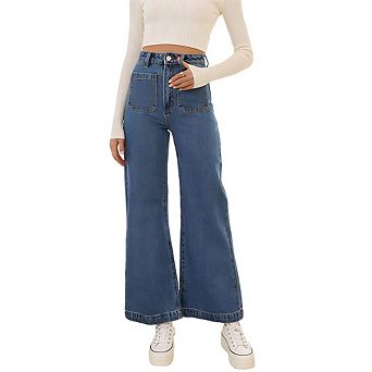 Women's High Waist Patch Pocket Wide Leg Jeans Cropped Denim Casual Street Style Pants
