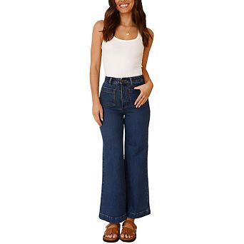 Women's High Waist Patch Pocket Wide Leg Jeans Cropped Denim Casual Street Style Pants