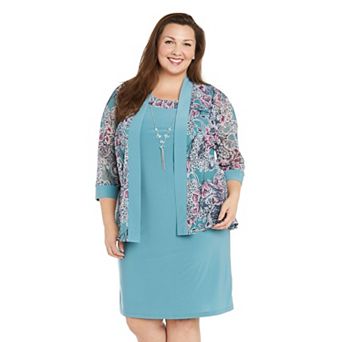 Plus Size R&M Richards Sheath Dress & Floral Mesh Jacket Set with Necklace