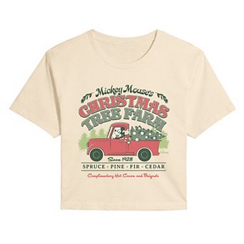 Juniors' Disney's Mickey Mouse Christmas Tree Farm Cropped Tee