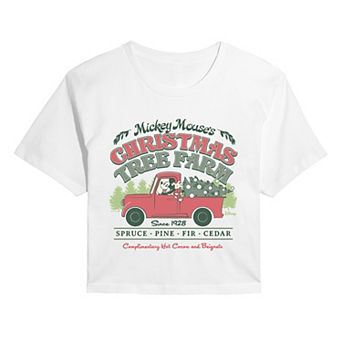 Juniors' Disney's Mickey Mouse Christmas Tree Farm Cropped Tee