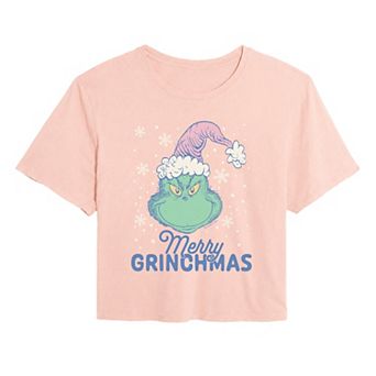Juniors' Dr. Seuss The Grinch Merry Grinchmas Cropped Tee