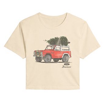 Juniors' Ford Bronco Christmas Tree Farm Vintage Cropped Tee