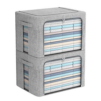 2 Pack Clear Window Stackable Linen Fabric Storage Containers With Carrying Handles