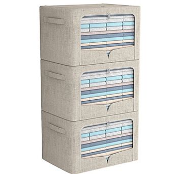 Stackable Linen Fabric Storage Bins With Carrying Handles Clear Windows