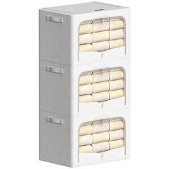 Stackable Linen Fabric Storage Bins With Carrying Handles Clear Windows