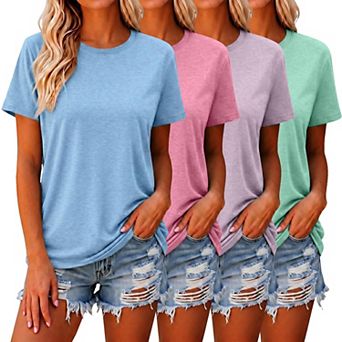 Womens 4-Pack Basic Short Sleeve Crewneck Casual Cotton Blend Tee Tops