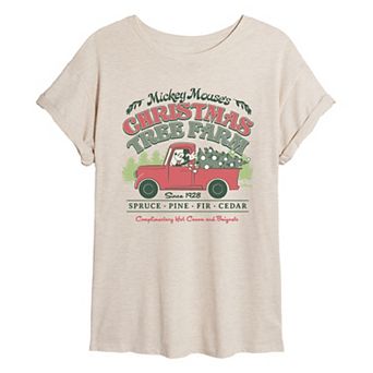 Juniors' Disney's Mickey Mouse Christmas Tree Farm Oversized Tee