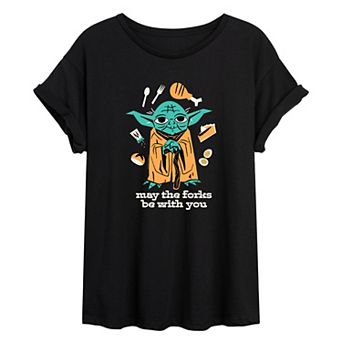 Juniors' Star Wars Yoda "May The Forks Be With You" Oversized Tee