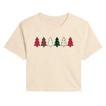 Juniors' Christmas Tree Patterns Cropped Tee