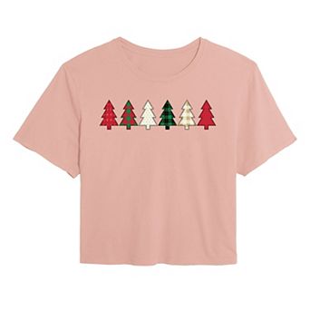 Juniors' Christmas Tree Patterns Cropped Tee