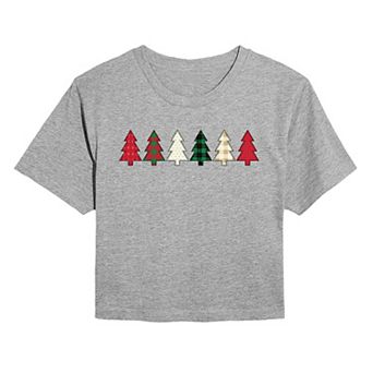 Juniors' Christmas Tree Patterns Cropped Tee