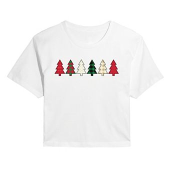Juniors' Christmas Tree Patterns Cropped Tee
