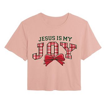 Juniors' “Jesus Is My Joy” Plaid Bow Cropped Tee