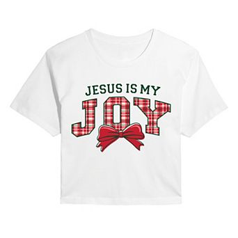 Juniors' “Jesus Is My Joy” Plaid Bow Cropped Tee