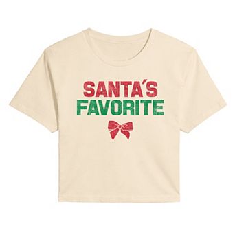 Juniors' Santa's Favorite Holiday Bow Cropped Tee