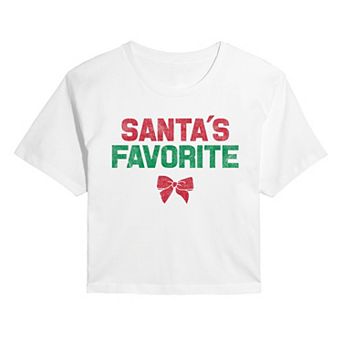 Juniors' Santa's Favorite Holiday Bow Cropped Tee