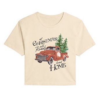 Juniors' “At Christmas All Roads Lead Home” Cropped Tee