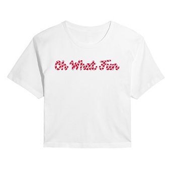 Juniors' "Oh What Fun" Candy Cane Stripe Cropped Tee